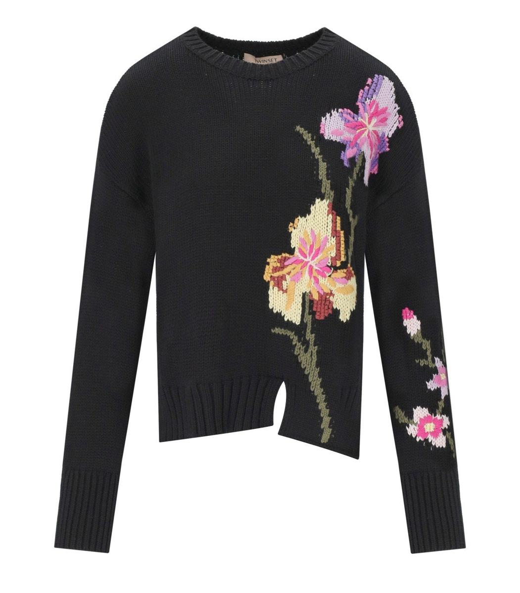 Twinset Black Crewneck Jumper With Embroidery