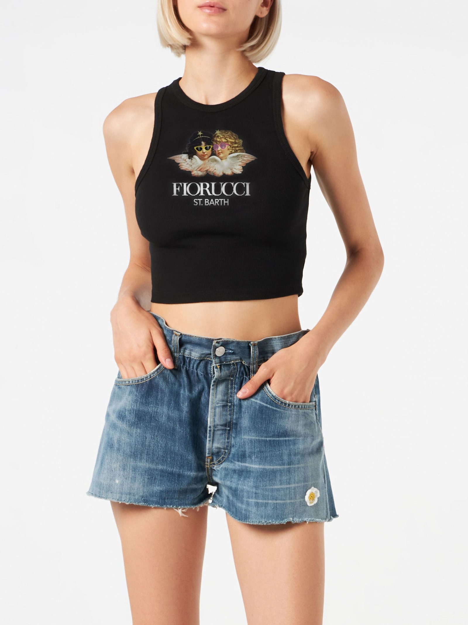MC2 Saint Barth Woman Rib-knit Cotton Crop Tank With Fiorucci Print Fiorucci Special Edition