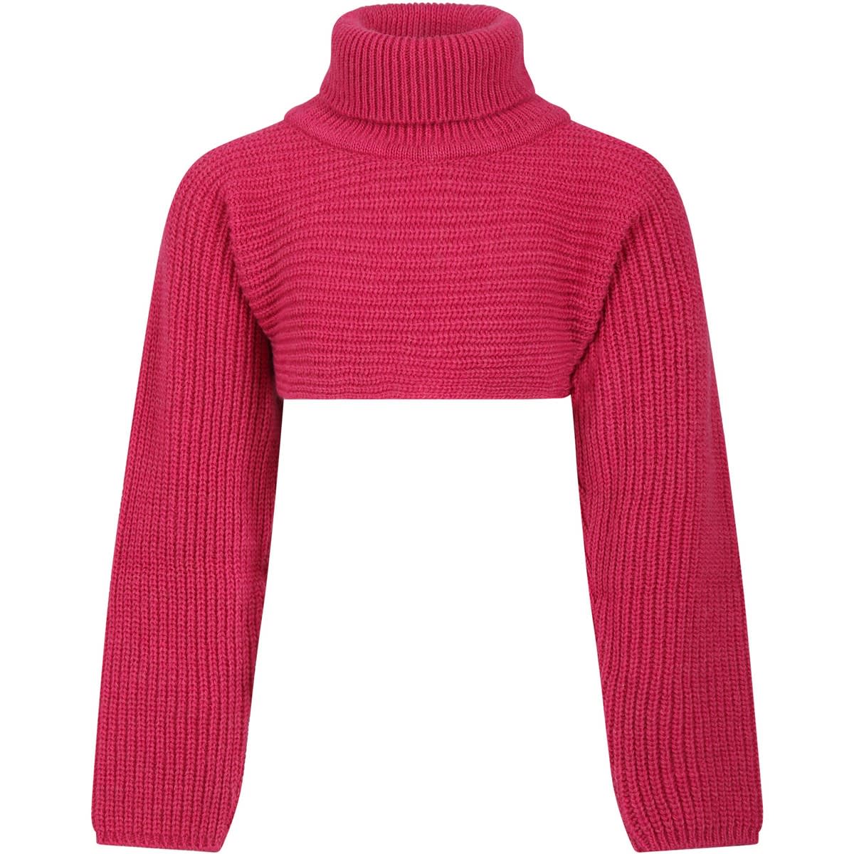 MSGM Fuchsia Crop Turtleneck For Girl With Logo