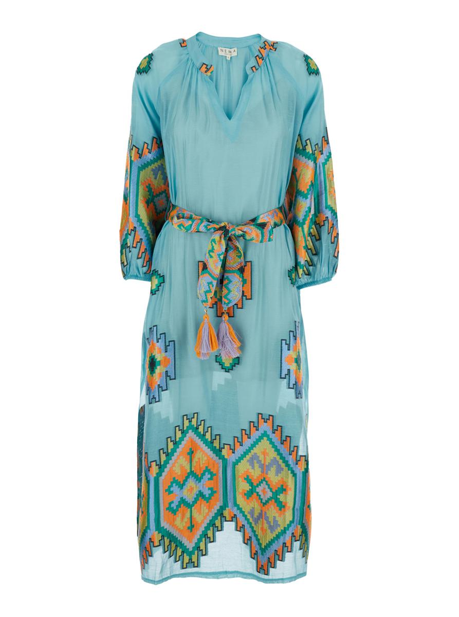 Blue Dress With V-Neck And All-Over Geometric Motifs In Viscose Blend Woman