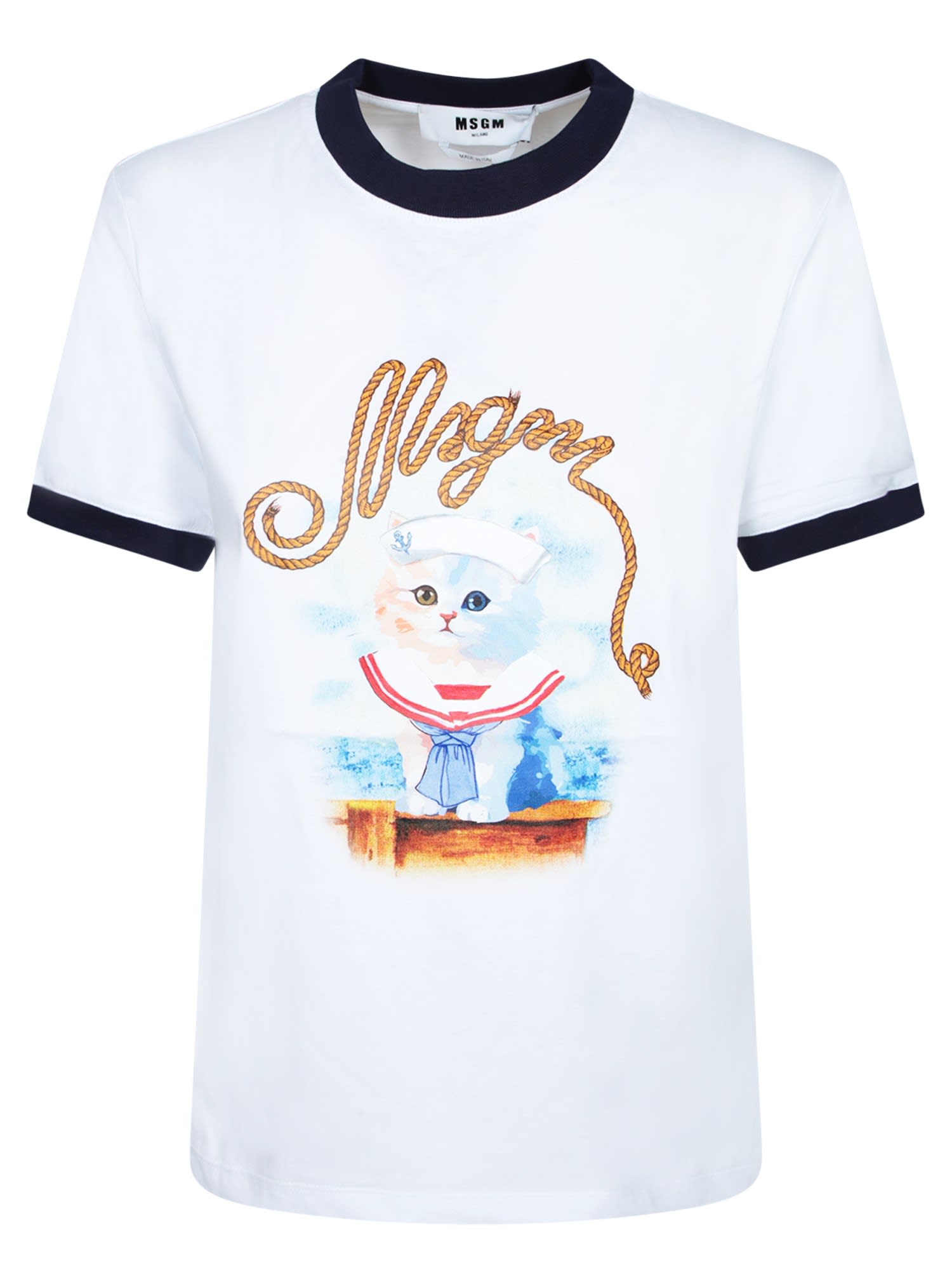 MSGM White Crewneck T-shirt With Logo Print On The Front In Cotton Woman