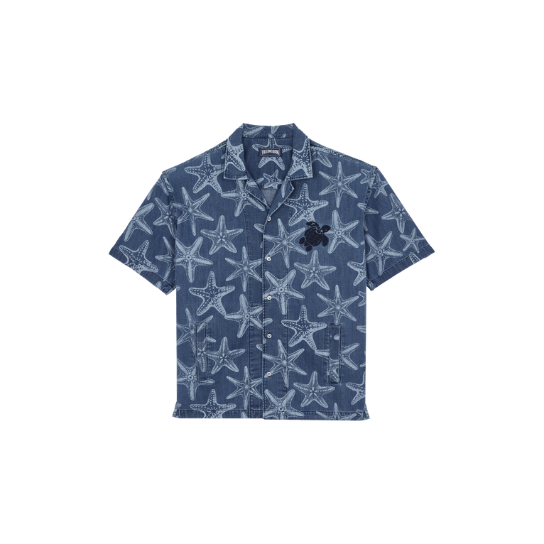 Vilebrequin Men Denim Shirt Printed Starfish Light - Graniers - Blue - Size S