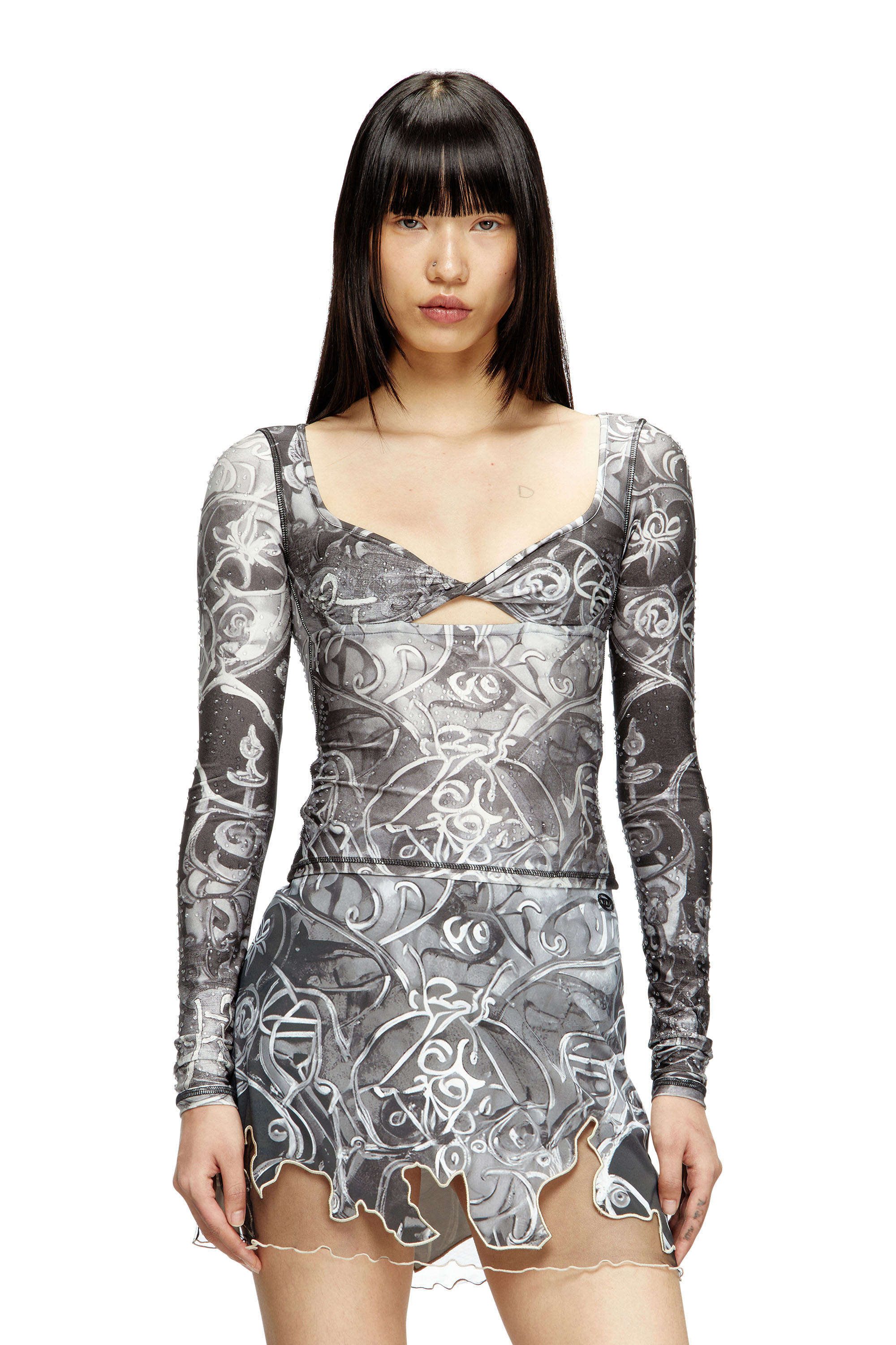 Diesel - Printed top with crystal droplets - T-Shirts - Woman - Grey