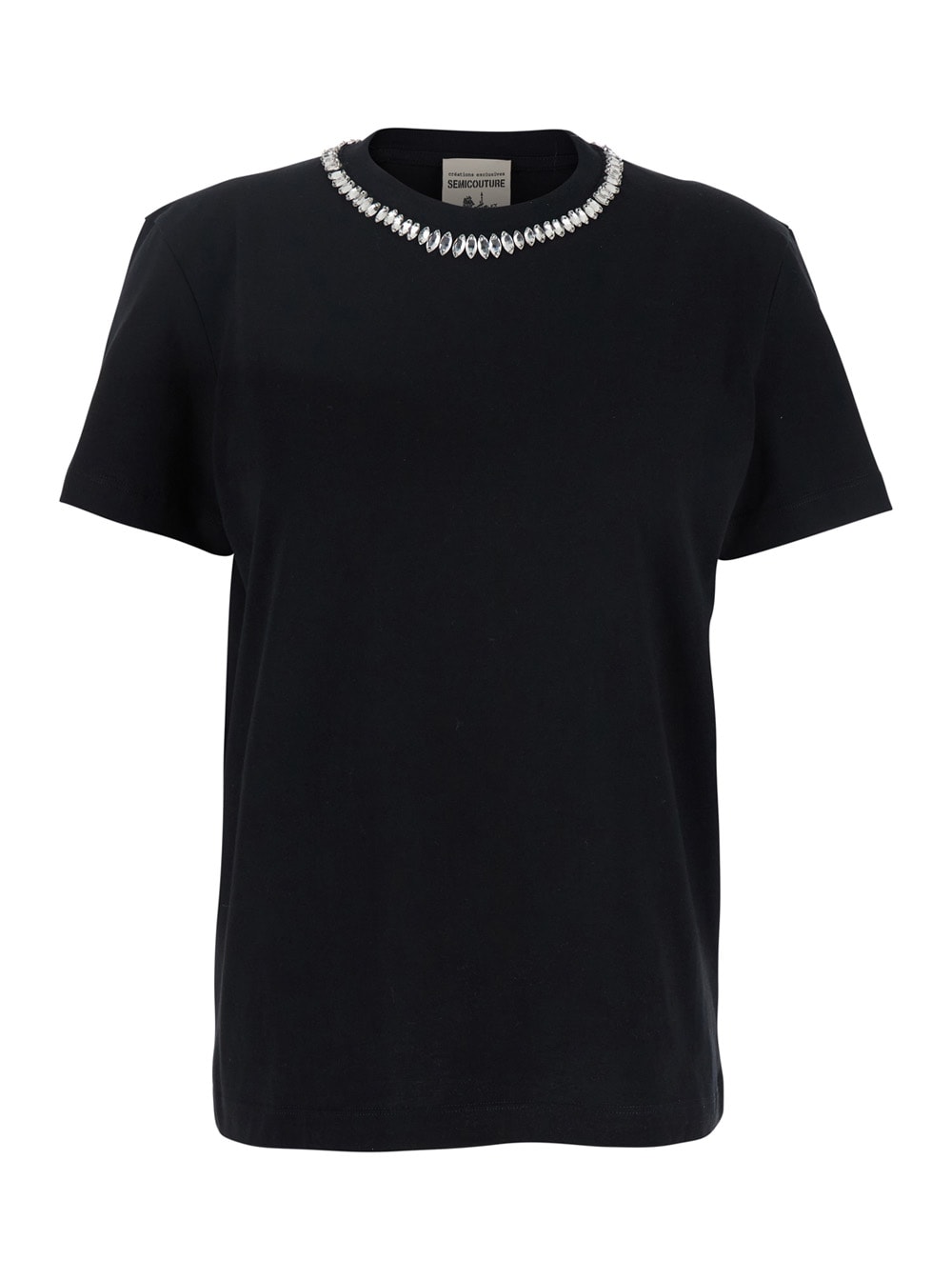 SEMICOUTURE Black Round Neck T-shirt With Metallic Decorations In Cotton Woman