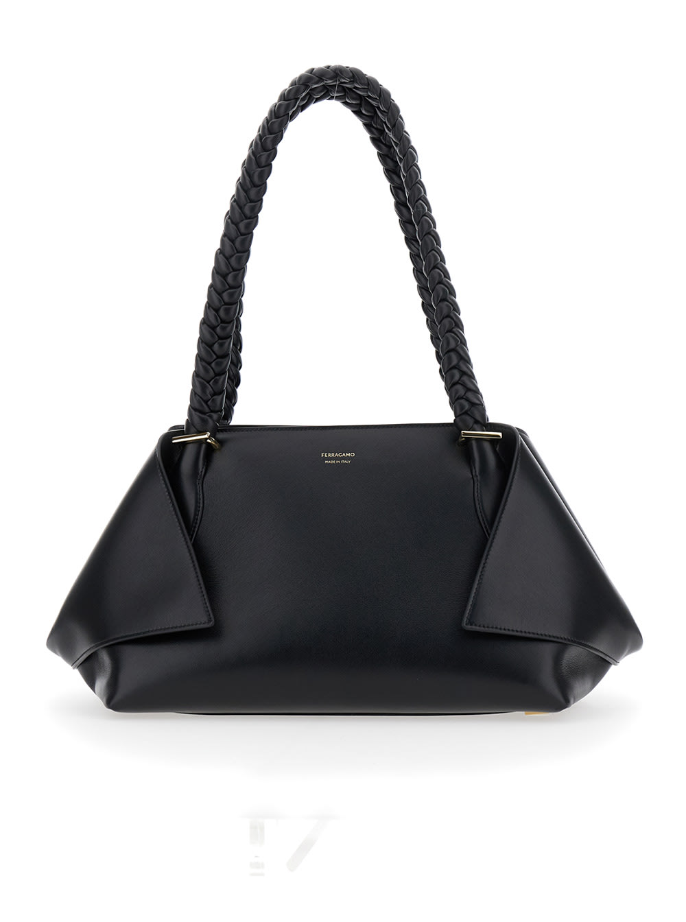 Ferragamo the Scarf Bag Black Shoulder Bag With Braided Handles And Folded Corners In Leather Woman