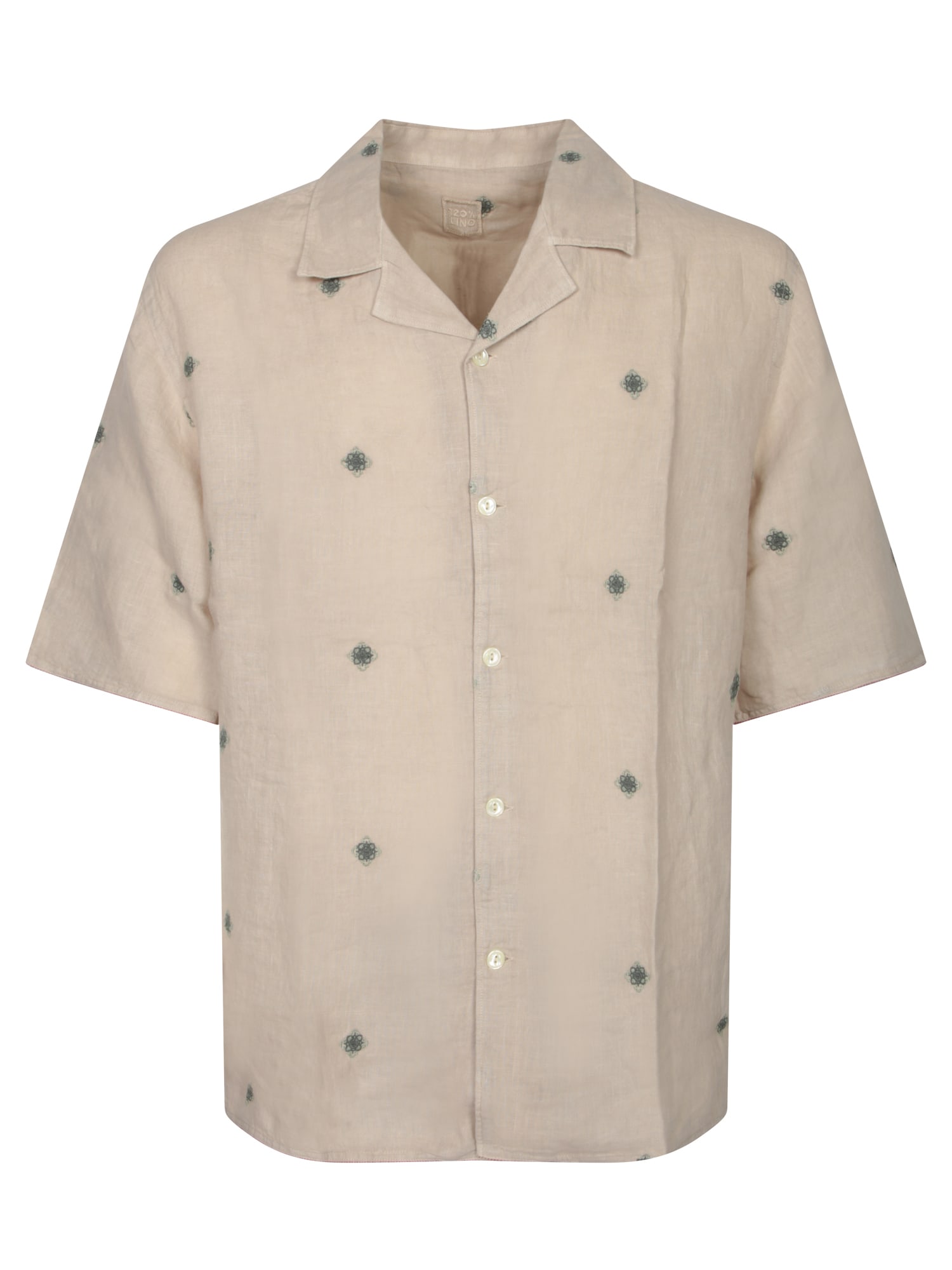 120% Lino Beige Linen Shirt With Green Embroidery