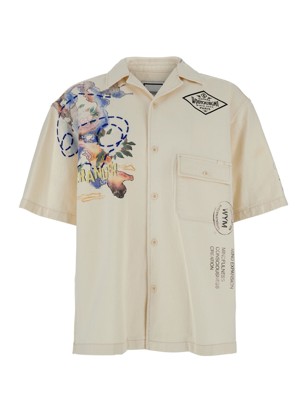 WOOYOUNGMI Beige Bowling Shirt With Cubab Collar And All-over Prints In Cotton Man