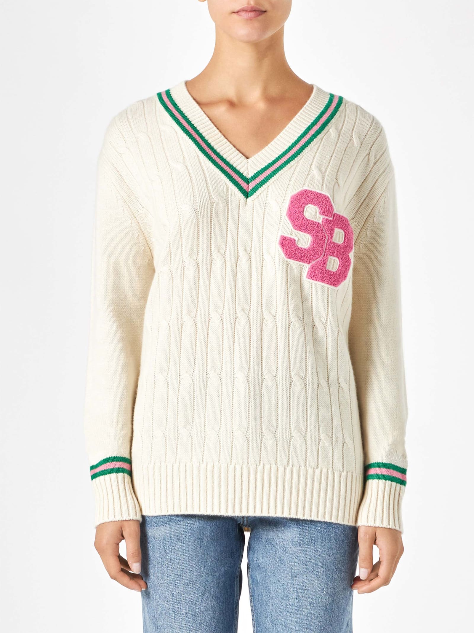 MC2 Saint Barth Woman V-neck Braided Sweater With Patch