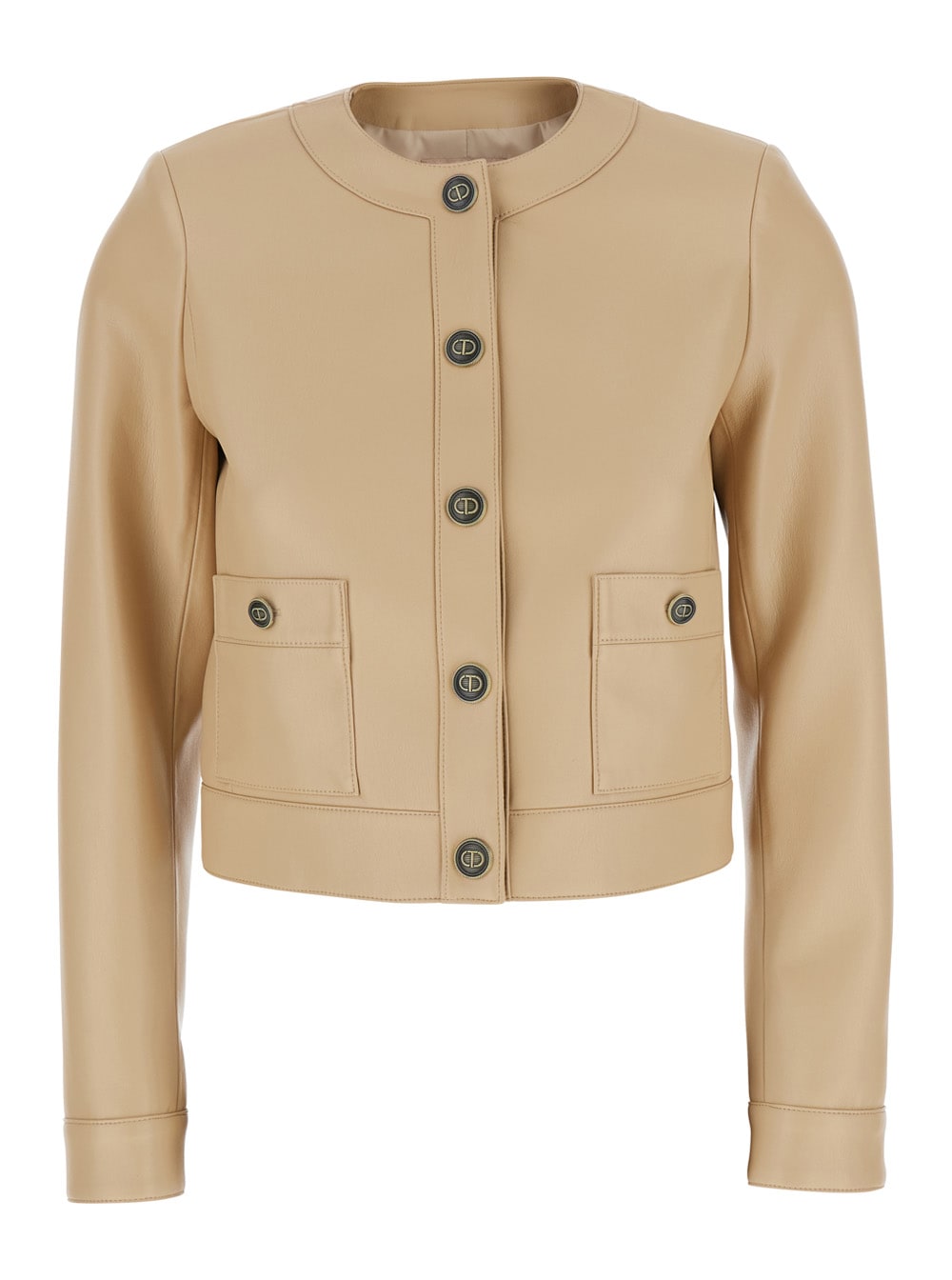 TwinSet Beige Crewneck Jacket With Logo Buttons In Leather Woman