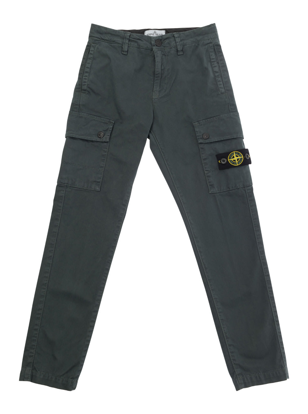 Stone Island Junior Green Cargo Pants With Logo Patch In Stretch Cotton Boy