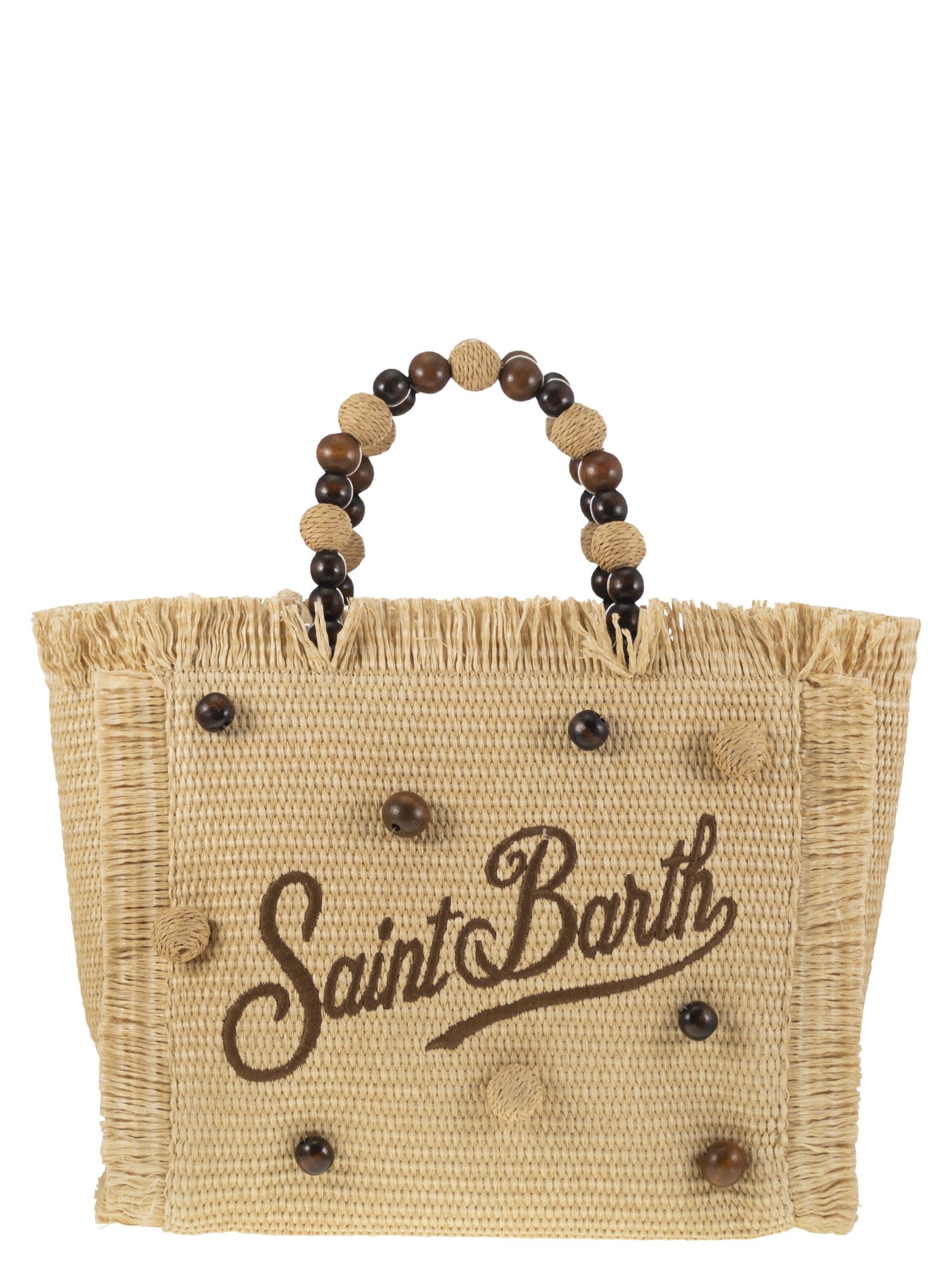 MC2 Saint Barth Colette - Straw Effect Bag With Wooden Beads And Embroidered Logo