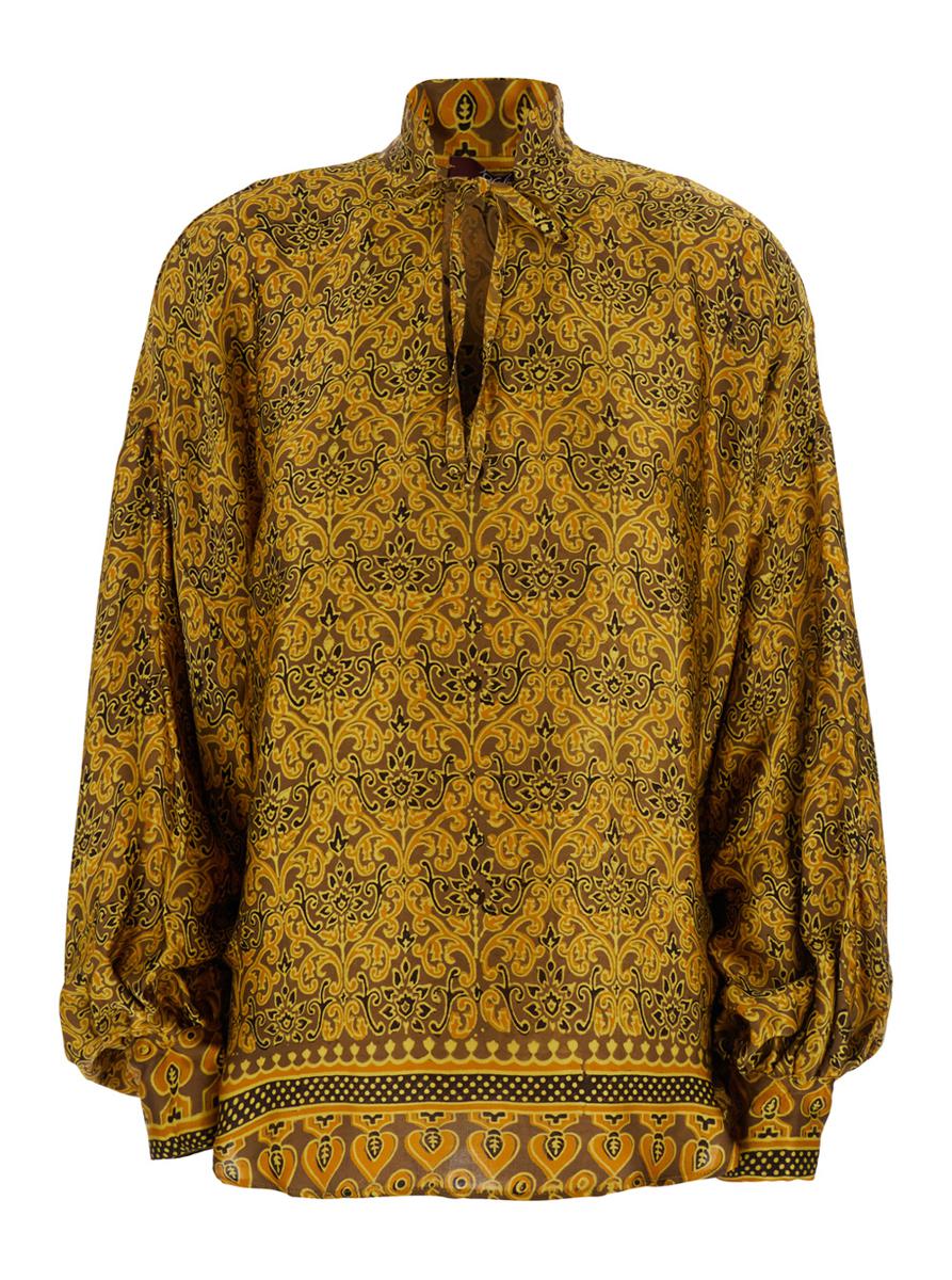 'Marion' Yellow Shirt With Front Knot Closure And All-Over Geometric Motif In Silk Woman