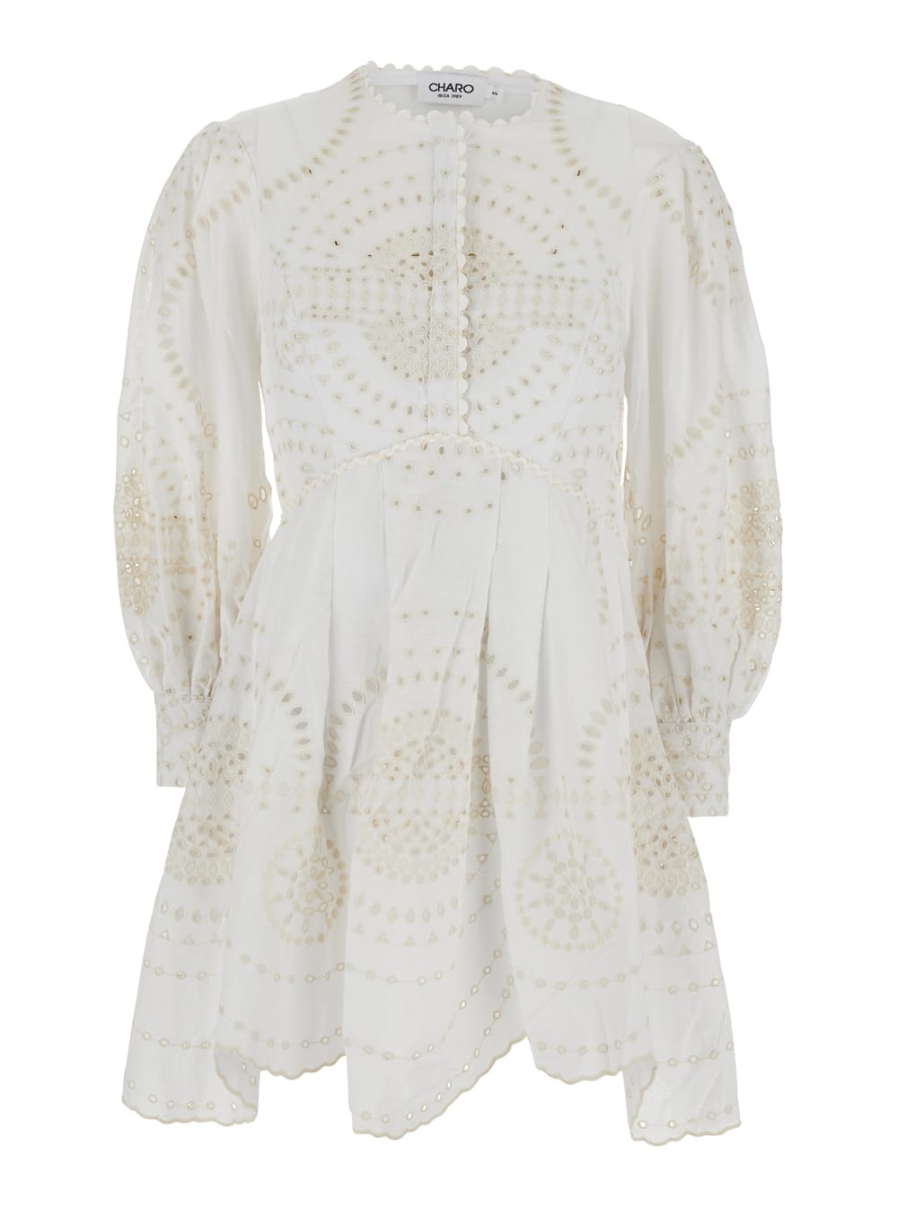 Charo Ruiz asahi White Dress With All-over Embroidery Design And Pleated Skirt In Cotton And Linen Blend Woman