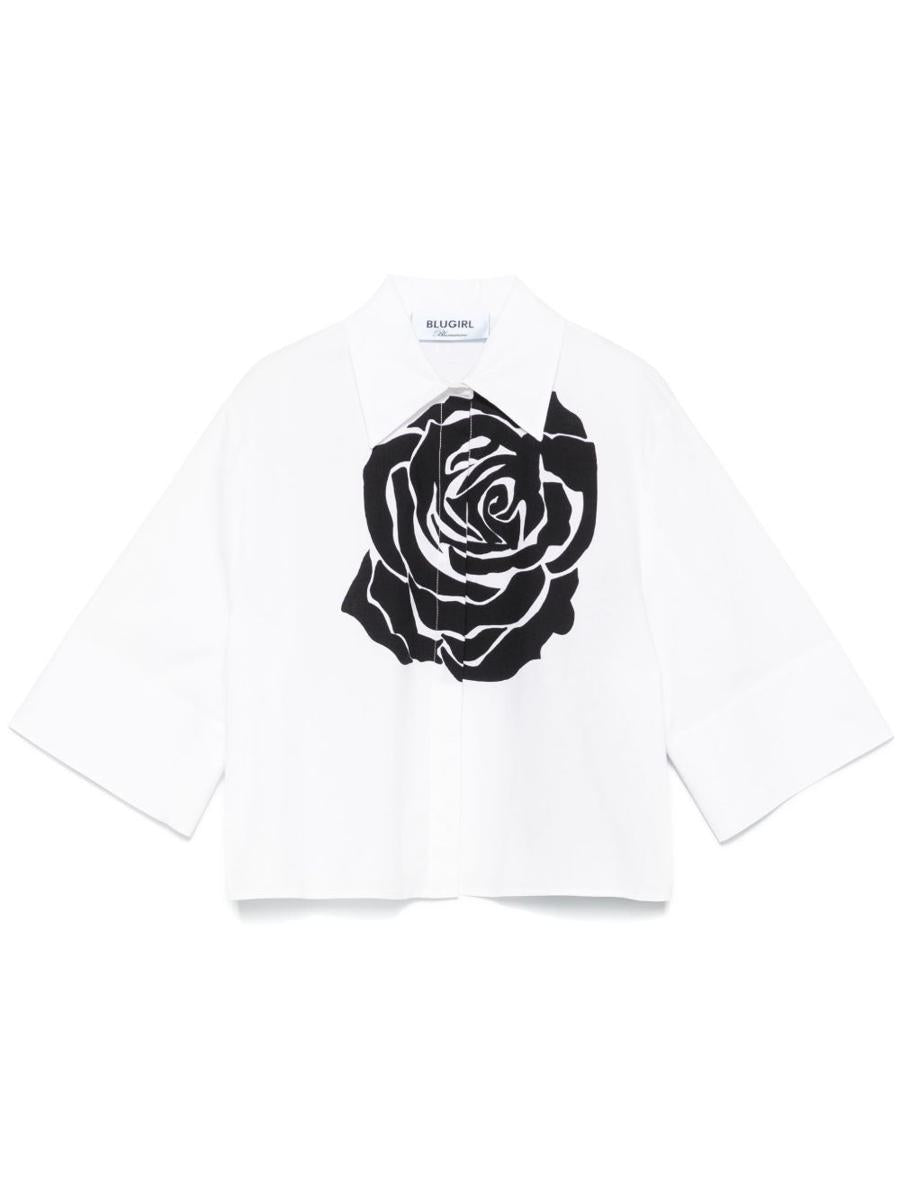 Blumarine Crop Shirt In White Cotton With Rose Printed