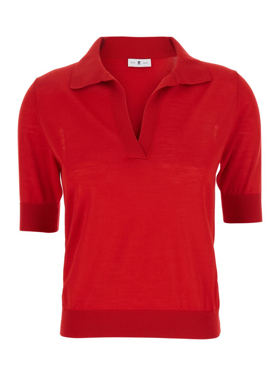 Red Polo With V-Neck And Short Sleeves In Virgin Wool Woman