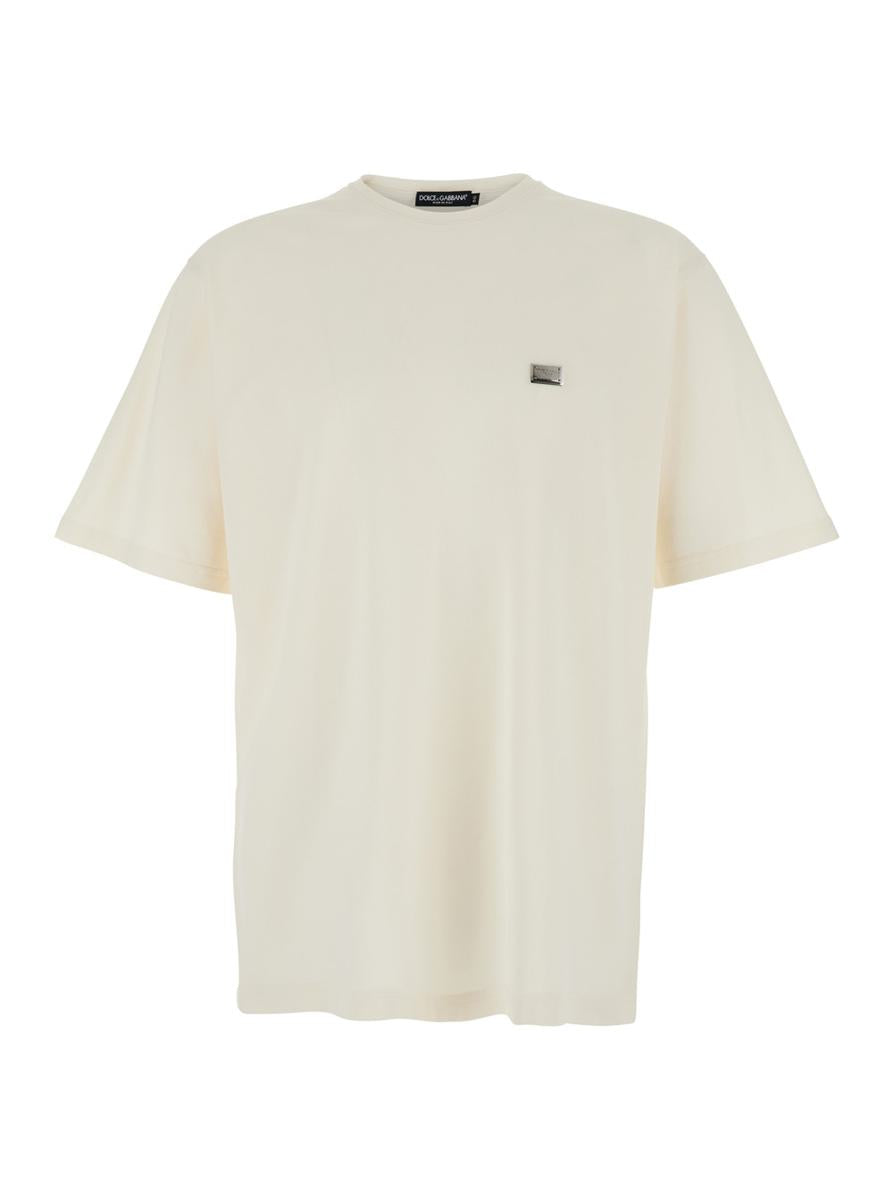 White T-Shirt With Crew Neck And Applied Logo Plate On The Chest In Cotton Man