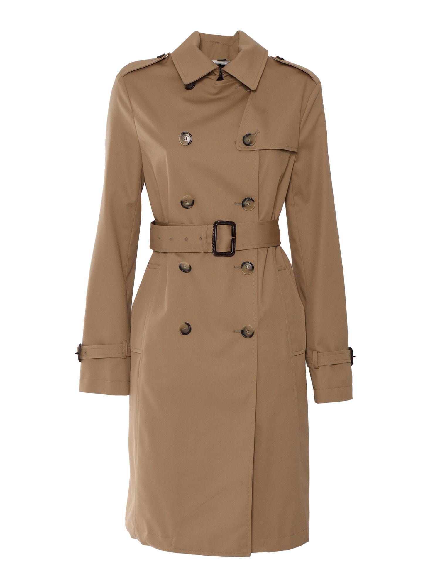 Double-breasted Midi Trench Coat, Water Repellent Cotton Blend, Sealup Chain Lining, Genuine Leather Buckle, Horn Buttons With Logo