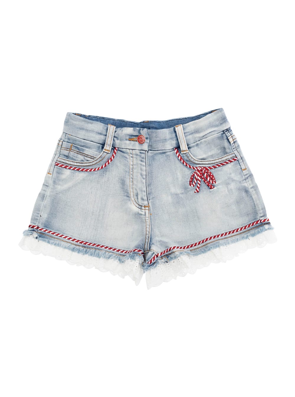Monnalisa Blue Shorts With Lace Embellishments And Fringed Hem In Denim Girl