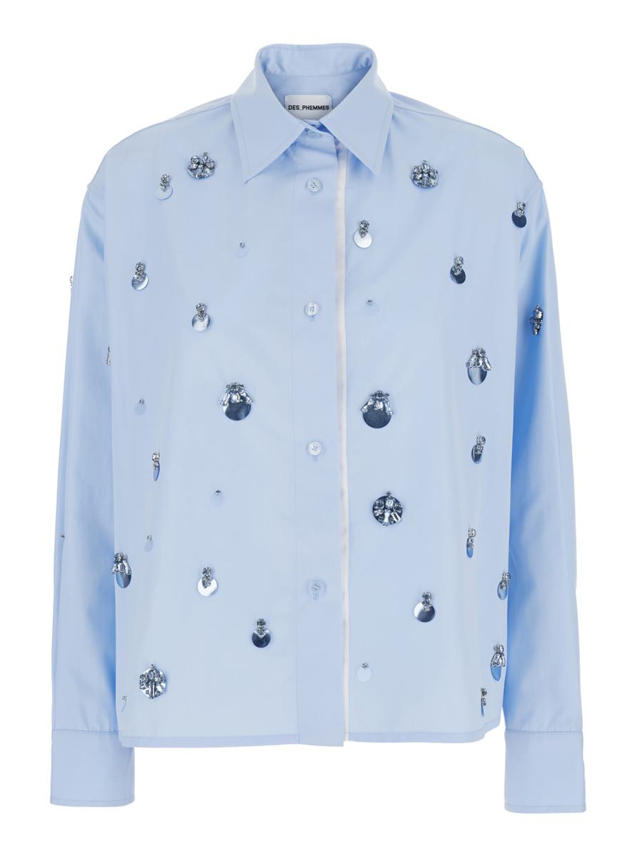 Light Blue Shirt With Classic Collar And Embellishments On The Front In Cotton Woman