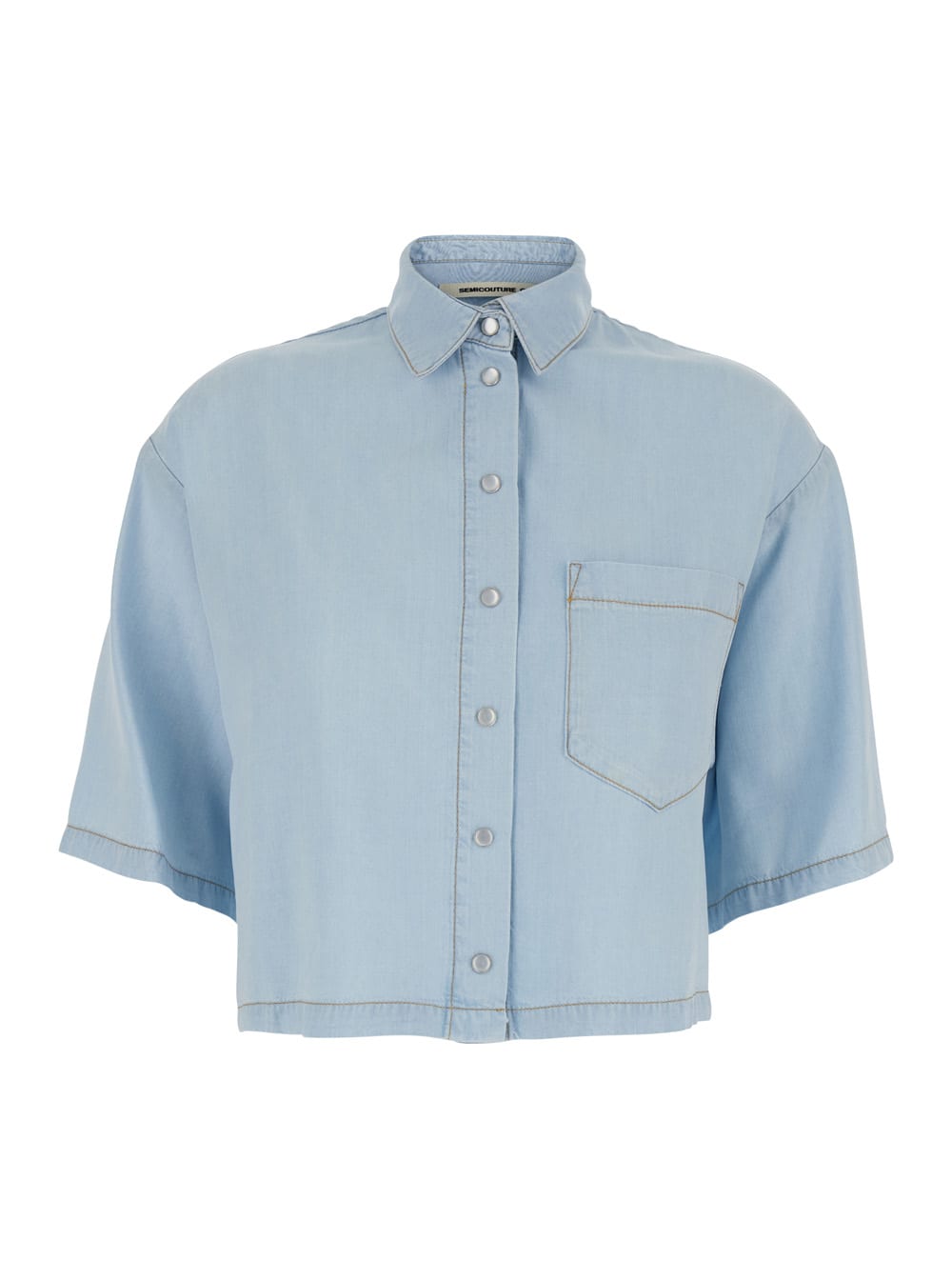 SEMICOUTURE Light Blue Shirt With Chest Patch Pocket And Contrasting Stitching In Fabric Woman