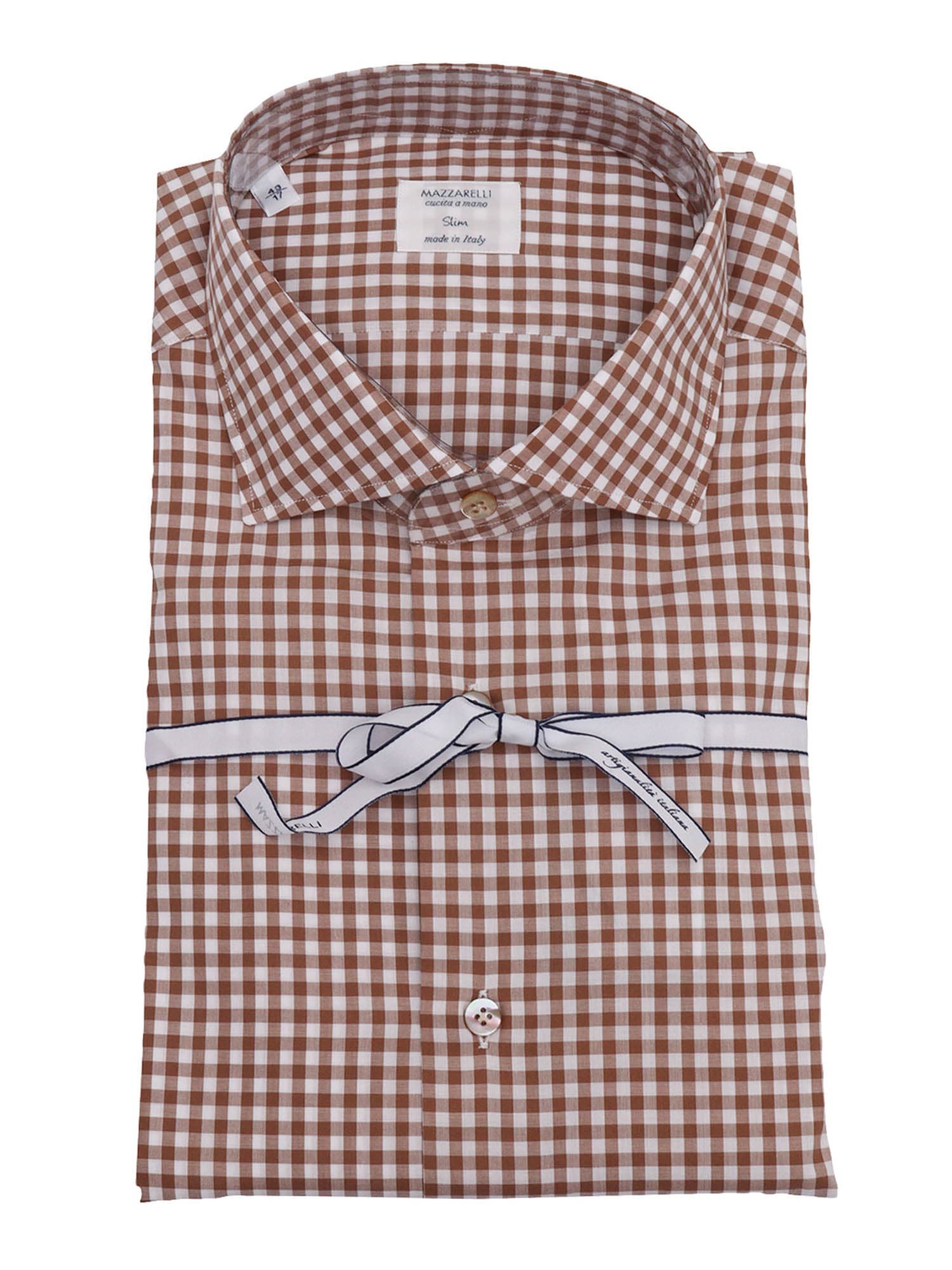 Mazzarelli Slim Fit Checked Shirt In White And Brown 100% Cotton