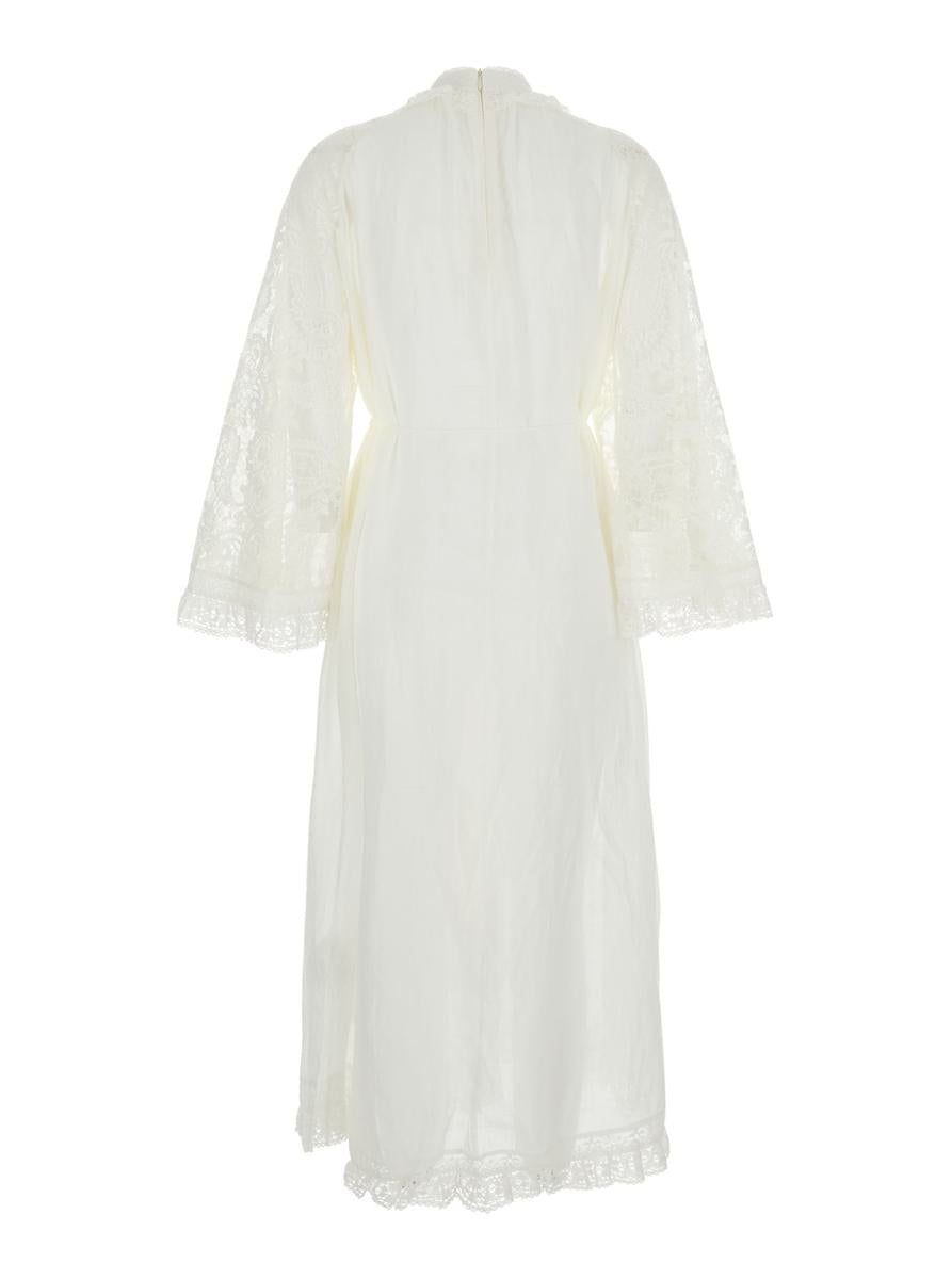 'Ascension Lace Yoke' White Midi Dress With Lace Embellishment And Stand-Up Collar In Ramie Woman