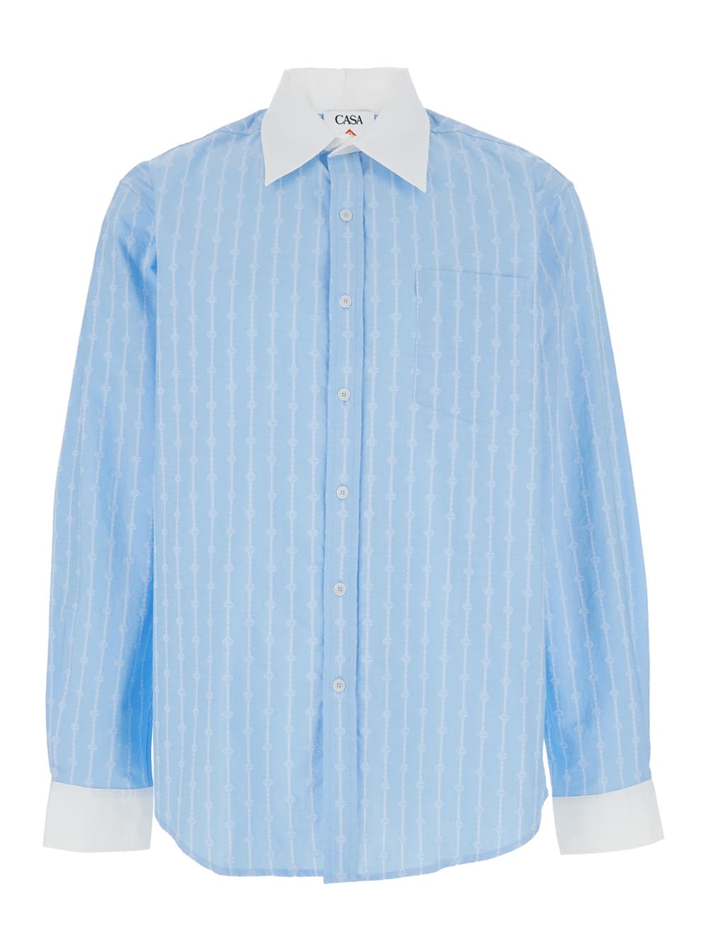Casablanca laurel Light Blue Shirt With Pointed Collar And All-over Logo Print In Cotton Man
