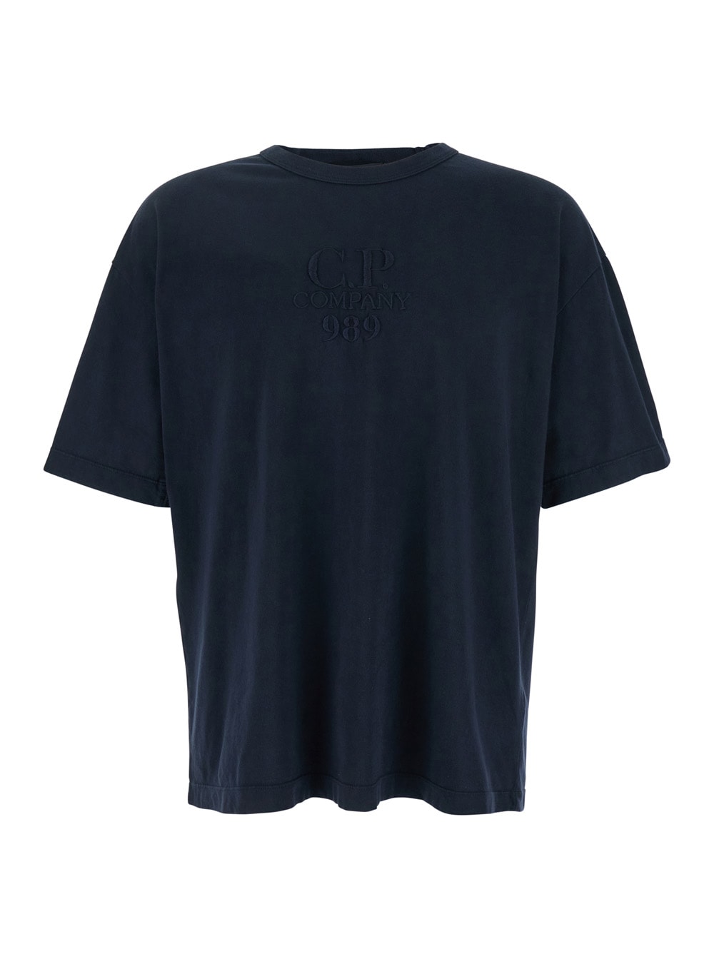 C. P. Company Blue T-shirt With Logo Embroidered On The Front Tone-on-tone In Cotton Man