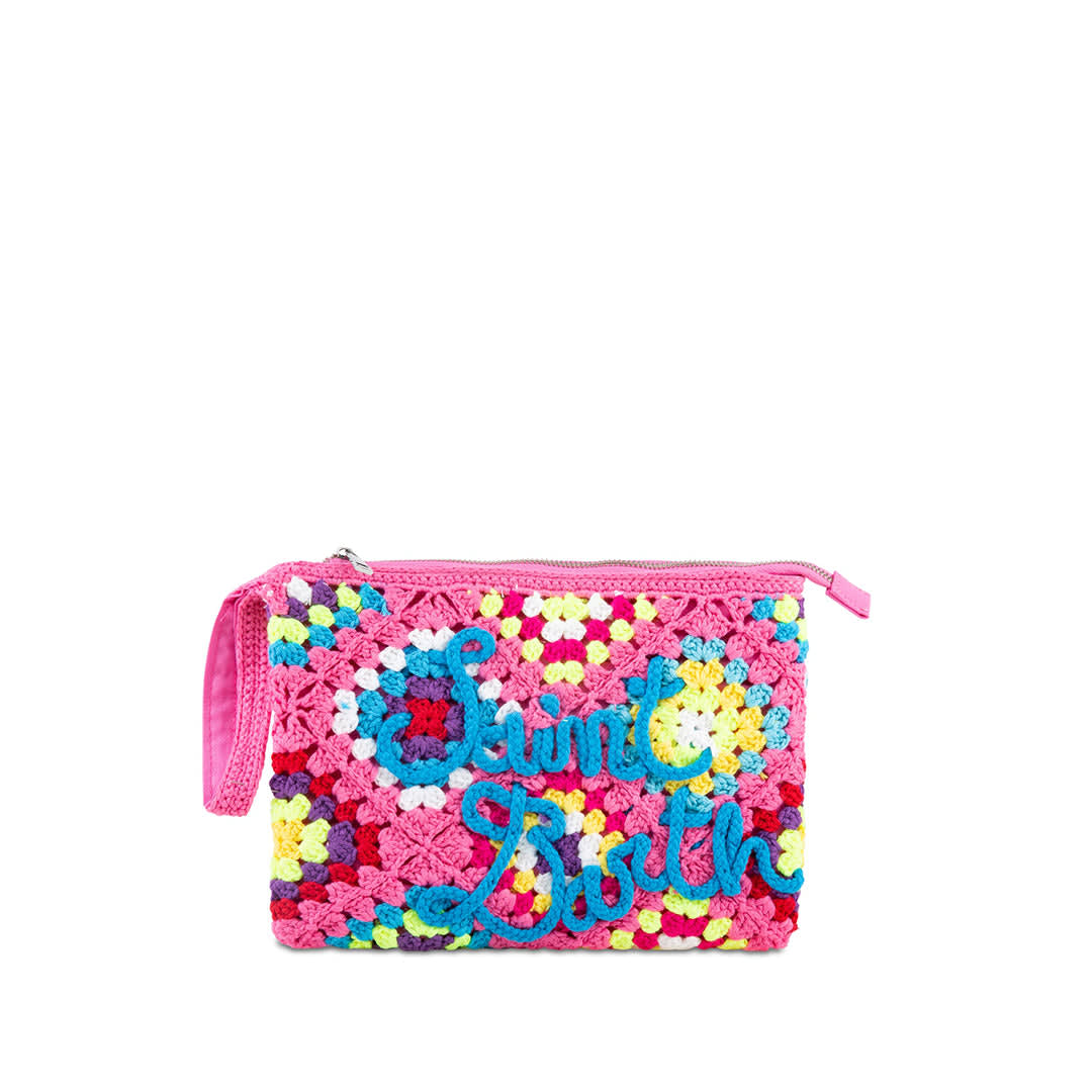 MC2 Saint Barth Parisienne Pink Crochet Pouch Bag With Saint Barth Embroidery
