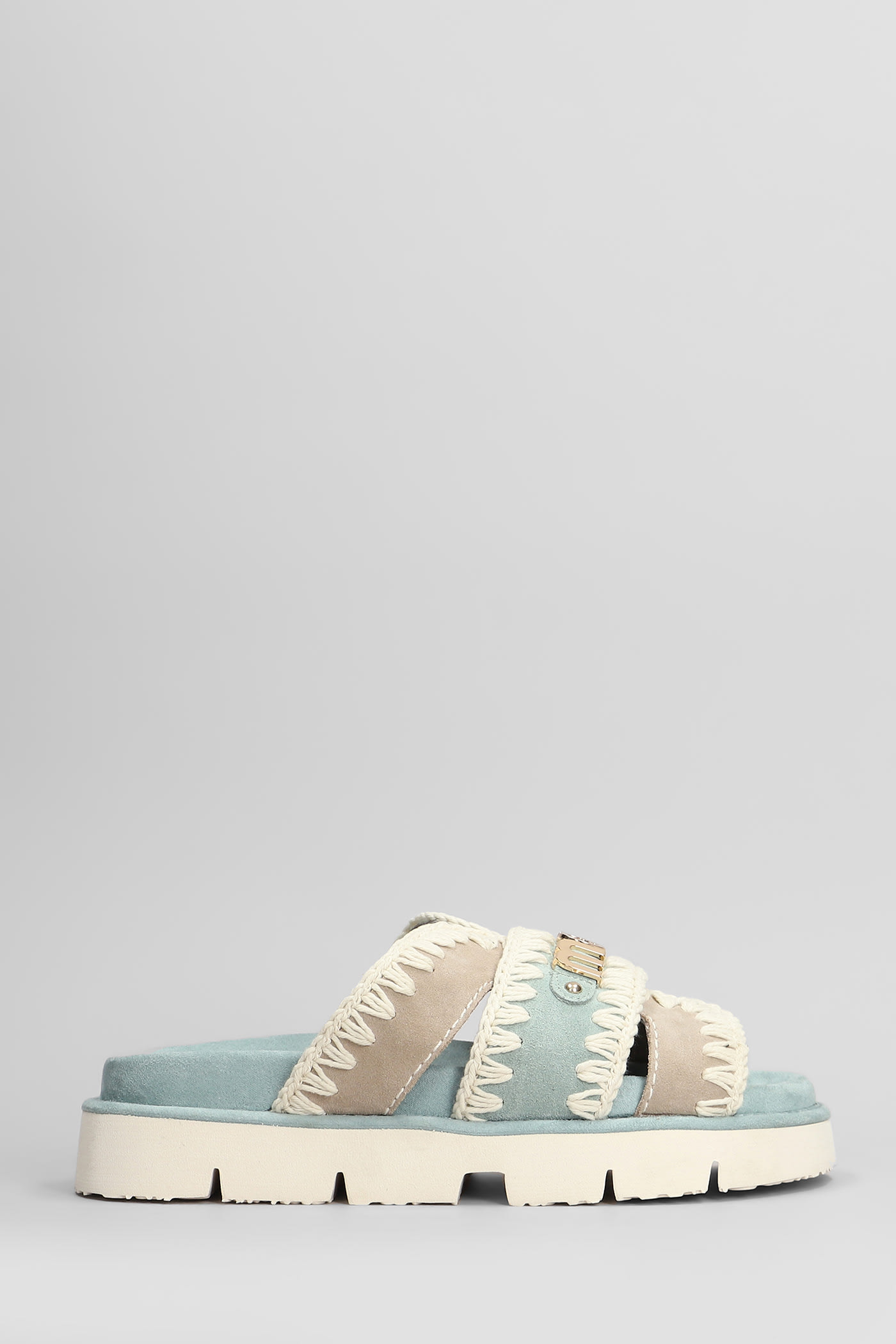 Mou Bio Sandal Flats In Cyan Suede