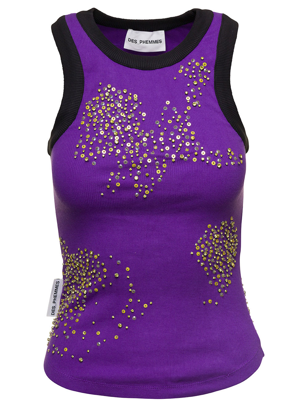 Des Phemmes Purple Ribbed Tank Top With Paillettes Embroidery In Stretch Cotton Woman