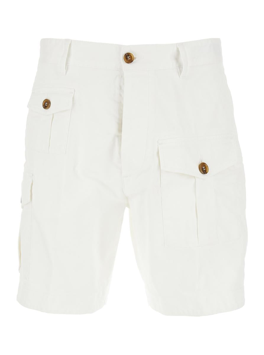 White Bermuda With Asymmetric Cargo Pockets And Belt Loops In Cotton Man