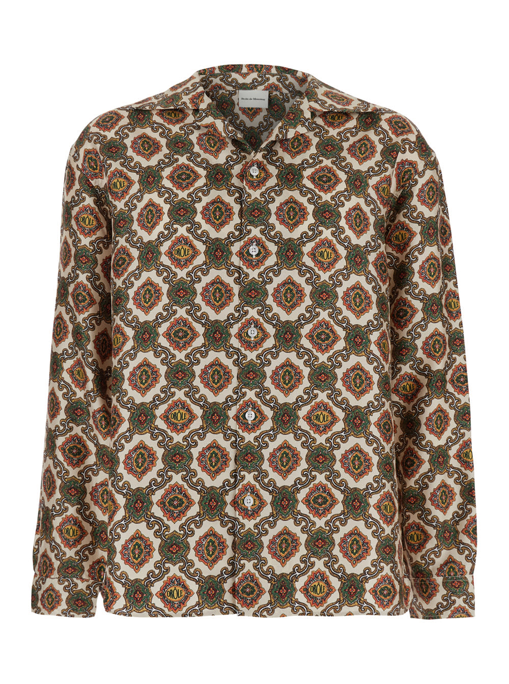 Drôle de Monsieur la Chemise Renzo Beige Bowling Shirt With Cuban Collar And All-over Renzo Motif In Silk Man