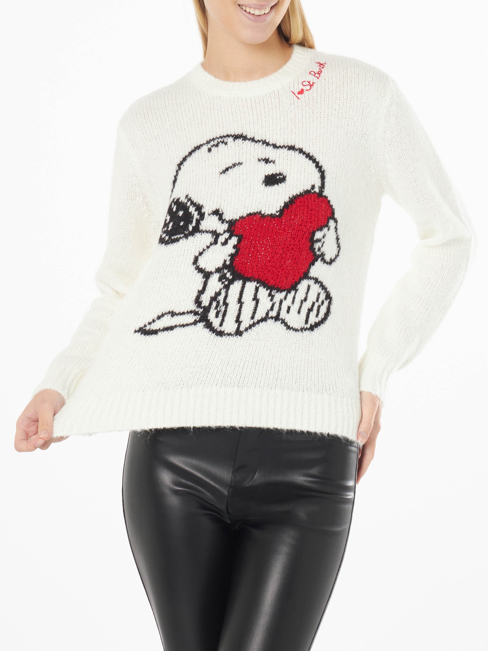 MC2 Saint Barth Woman Sweater With Snoopy And Woodstock Jacquard And Rhinestones Heart Snoopy Peanuts Special Edition