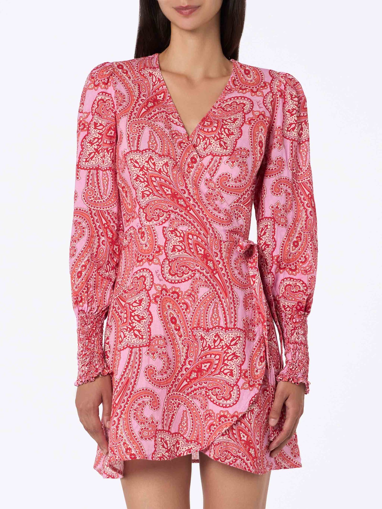 MC2 Saint Barth Linen Short Wrap Dress Brilly With Paisley Print