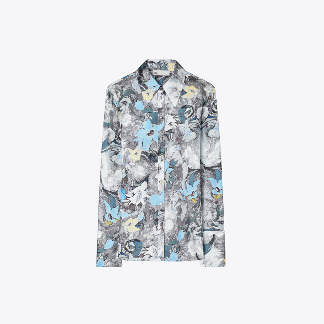Tory Burch Printed Cuffed Silk Shirt