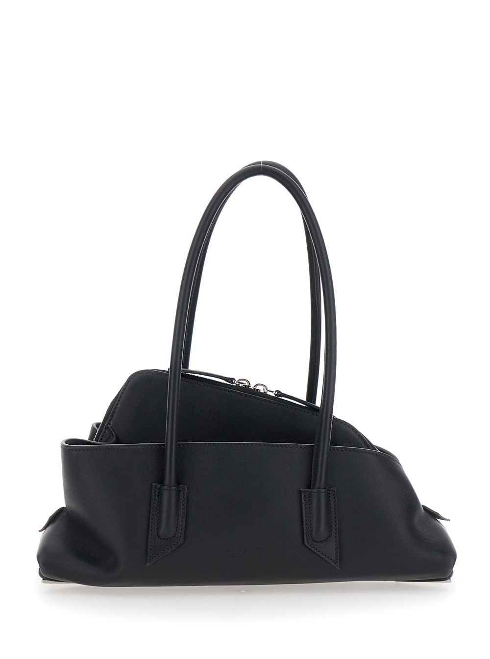 The Attico la Passeggiata Small Black Shoulder Bag With Tubular Handles And Impressed Logo On The Front In Leather Woman