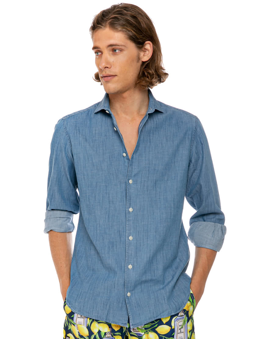 MC2 Saint Barth Man Blue Denim Cotton Pamplona Shirt