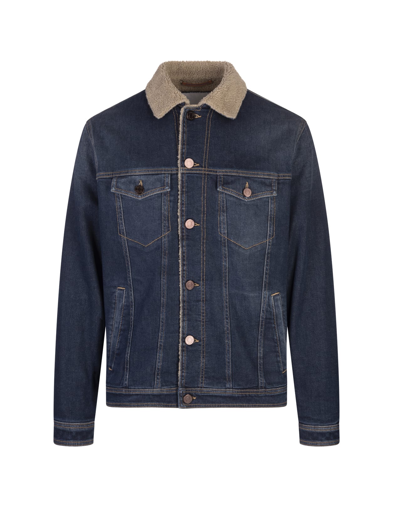 Jacob Cohen Sherpa Trucker Jacket In Mid Blue Comfort Denim