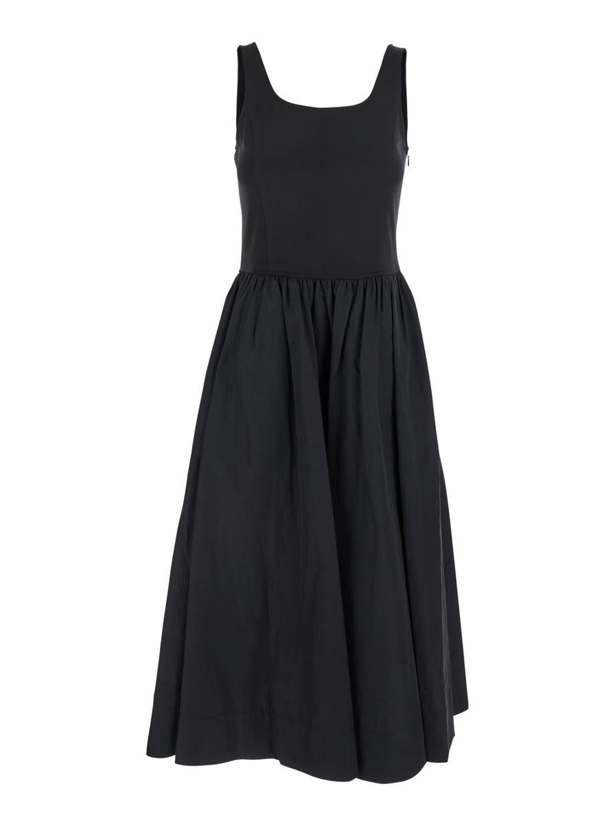Black Dress With Side Zipper Closure And Flared Skirt With Pleated Details In Cotton Blend Woman