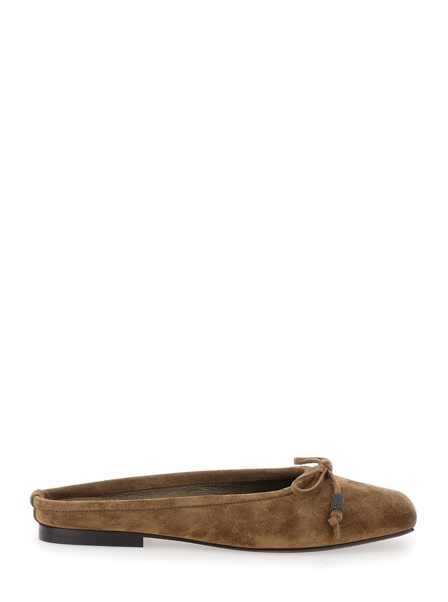 Beige Ballet Shoes With Square Toe And Bow With Monil Detail In Leather Woman