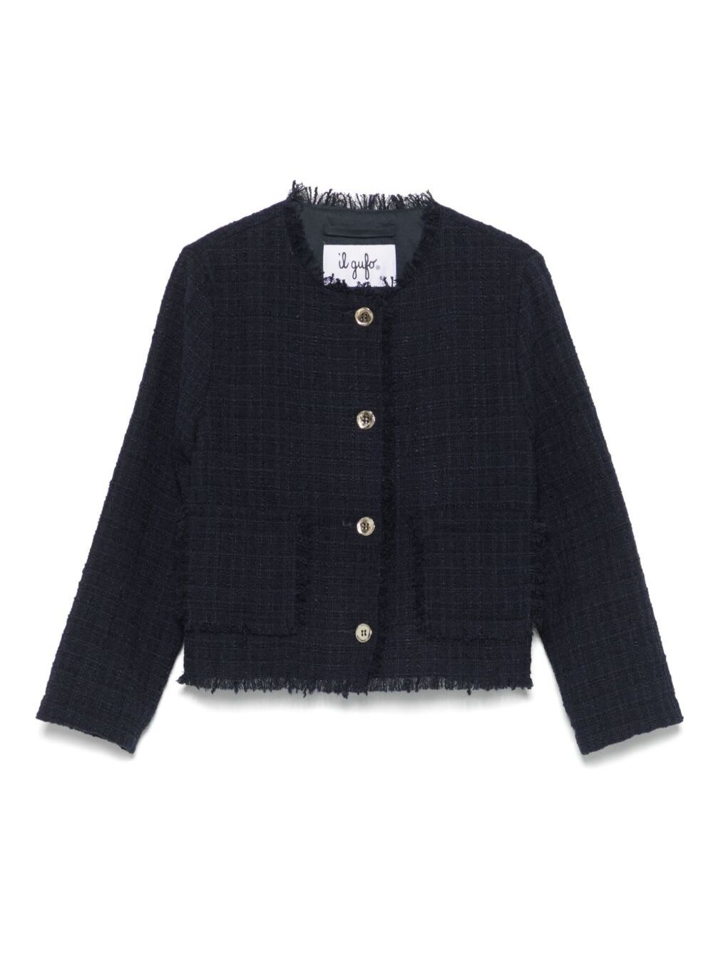 Il Gufo Blue Jacket With Frayed Edges And Round Neck In Cotton Tweed Girl