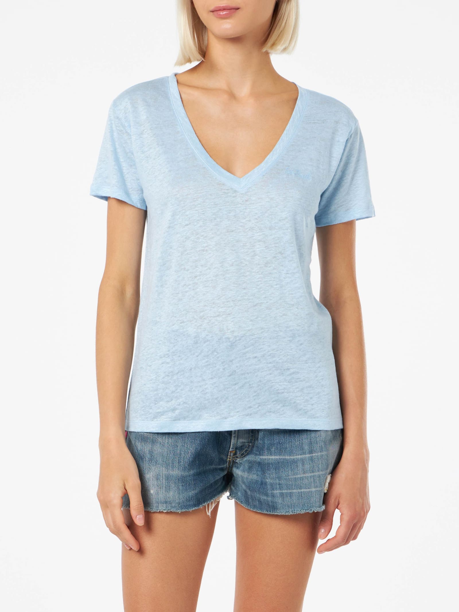 MC2 Saint Barth Linen Jersey Light Blue V-neck T-shirt Eloise