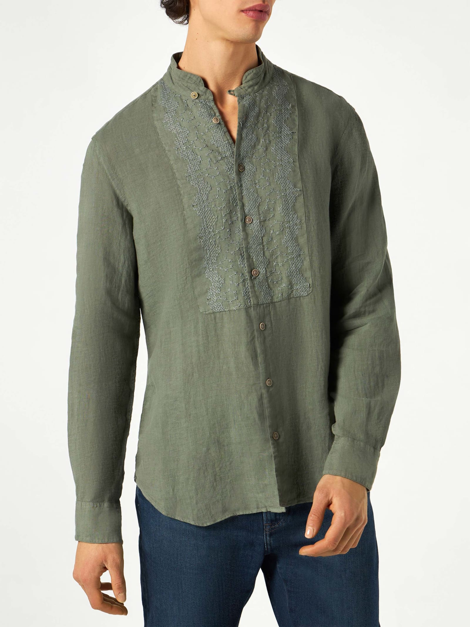 MC2 Saint Barth Man Military Green Linen Shirt