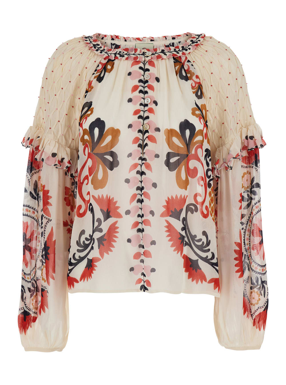 Farm Rio cashew Mandala Multicolor Crewneck Blouse With Bead Embellishments In Tech Fabric Woman