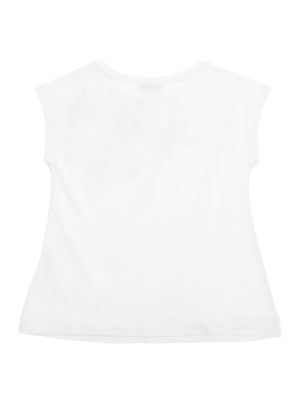 Monnalisa White T-shirt With Round Neck And Floral Print On The Front In Cotton Stretch Girl