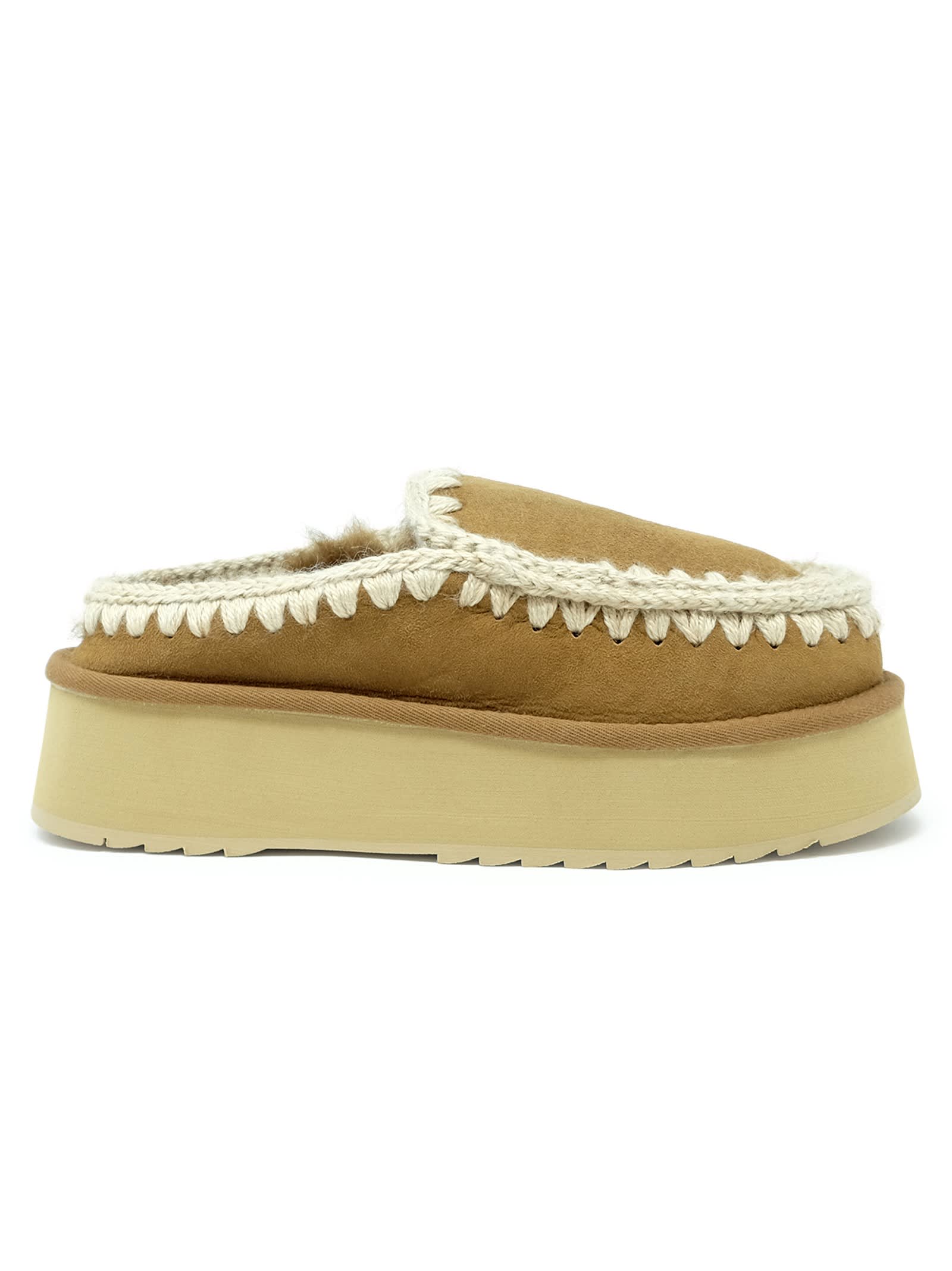 Mou Cognac Eskimo Leather Wool Rubber Platform Clog