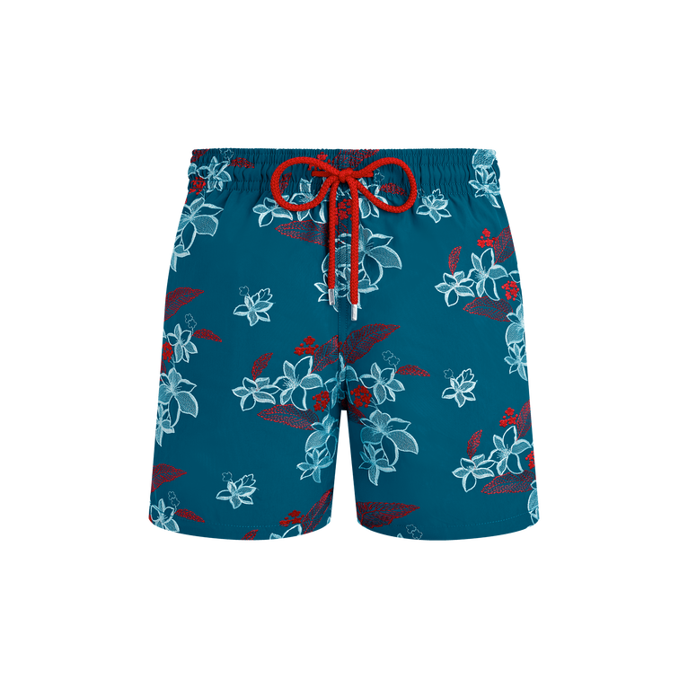 Vilebrequin Men Swim Shorts Embroidered Flowers Power - Swimming Trunk - Mistral - Blue - Size M