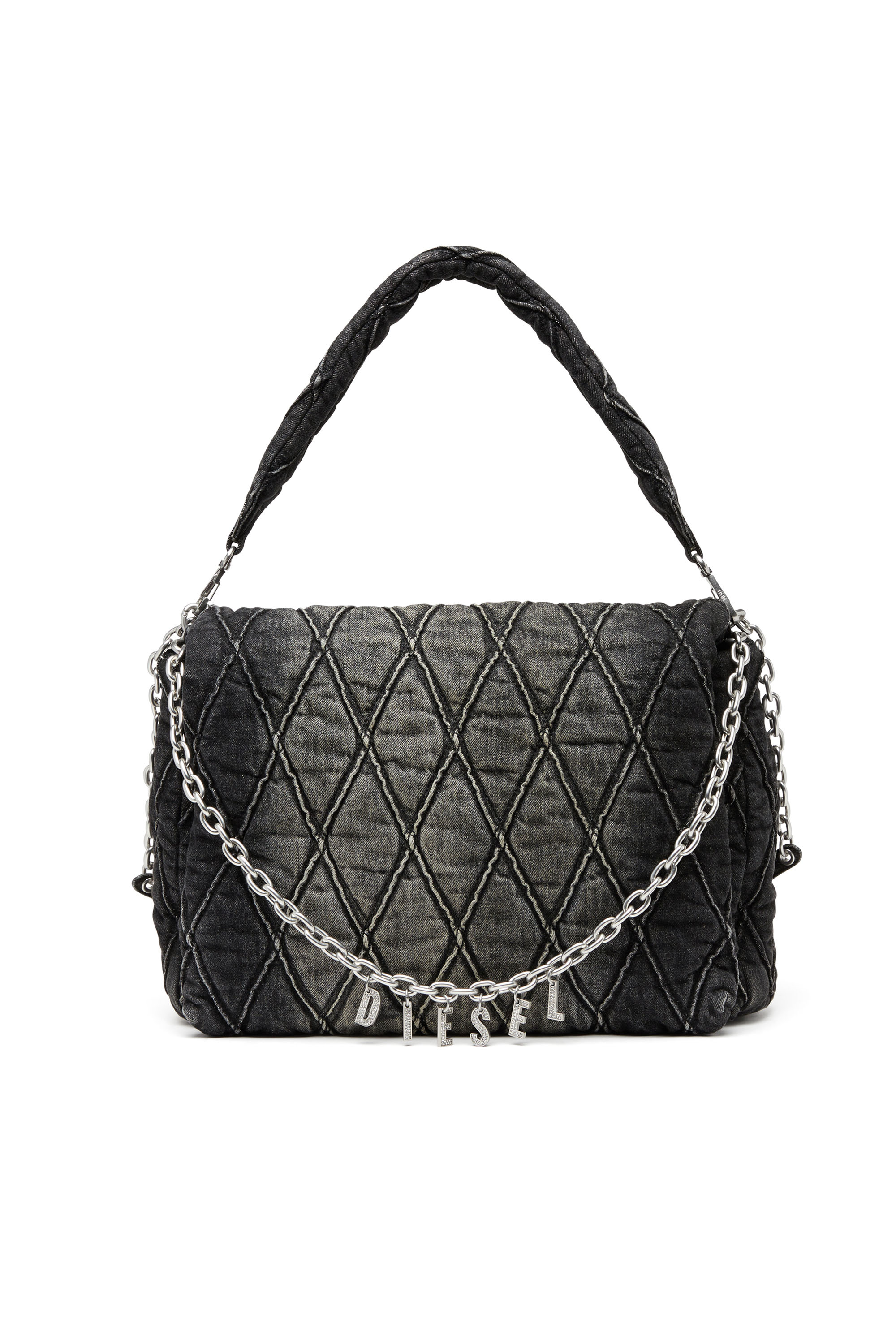 Diesel - Charm-D L-Large shoulder bag in quilted denim - Shoulder Bags - Woman - Black