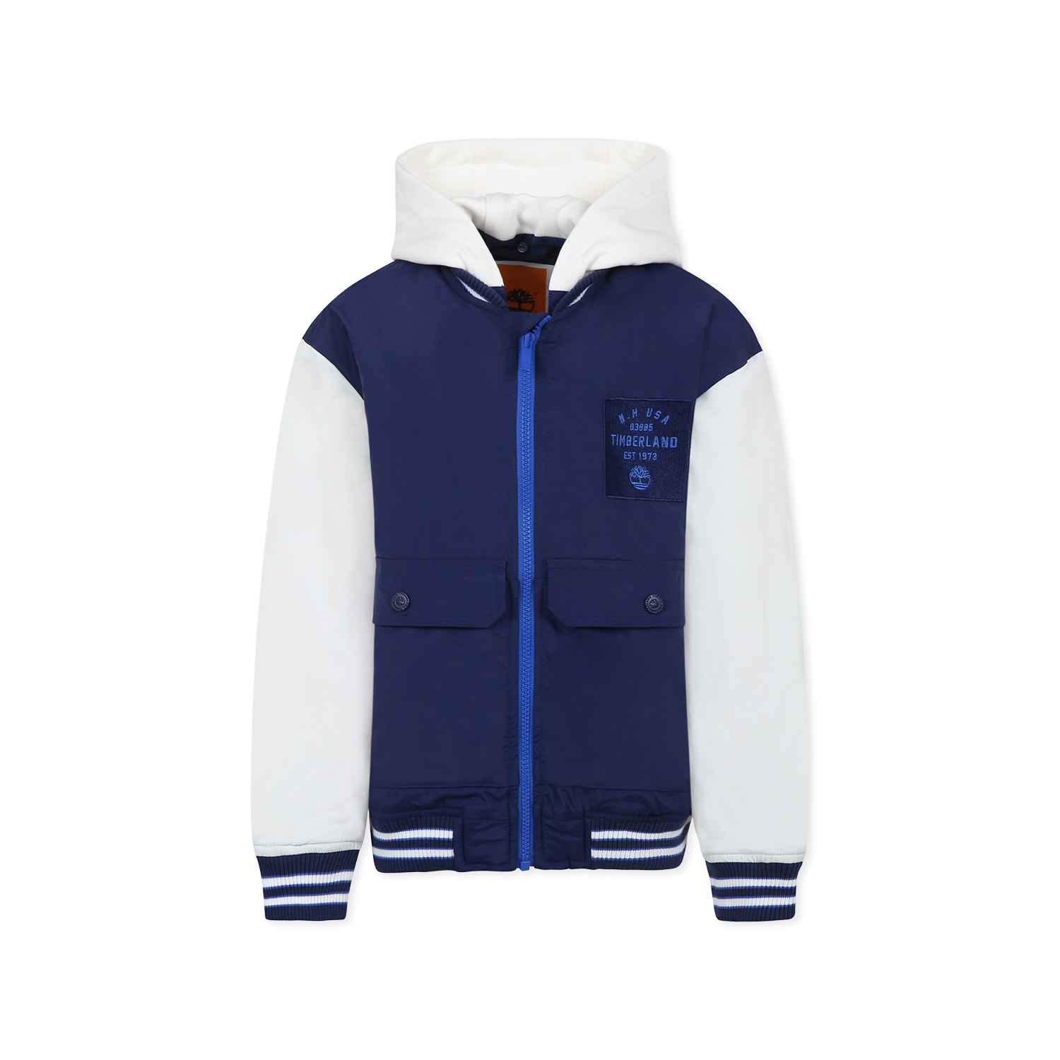 Timberland Blue Bomber Jacket For Boy With Logo